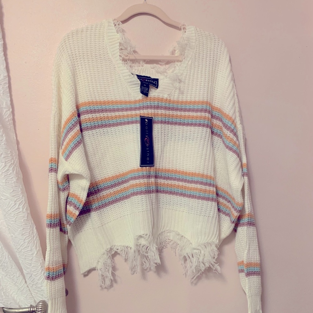 New white with colored striped sweater with fringe